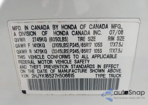 2007 Honda Ridgeline Rtl z USA, uszkodzony, nr VIN 2HJYK16527H506615
